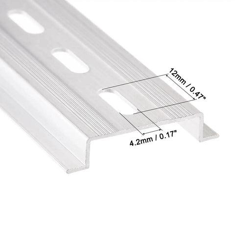 Close-up of slotted aluminum Din Rail Slotted Aluminum Mounting Guide Set, 20 Inch Long, 1.38 Inch Wide, 0.29 Inch High, Silver Tone