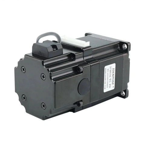 NEMA23 stepper motor with permanent-magnet brake, black housing and white top connector.