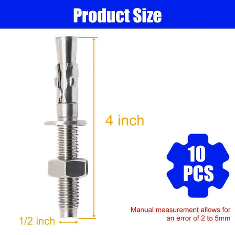 304 Stainless Steel Concrete Anchors Wedge Anchor Fasteners One Half Inch By Four Inch Pack Of 10 with nuts and washers