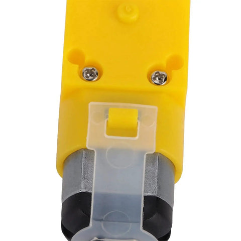 Close-up of a yellow TT geared motor for 48mm Mecanum Wheel Kit for TT Geared Motor Robots, Smooth Running and Large Angle Drift, DIY Robot Car Parts