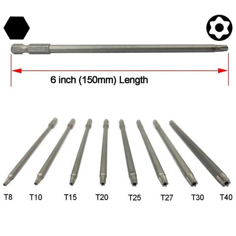 Long Torx Security Screwdriver Bit Set 6 Inch Length 150mm One Quarter Inch Hex Shank Eight In One 8 Piece T8 T40