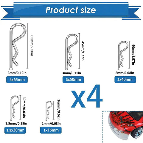 20 Pcs Hardware Cotter Pins And Spring Fasteners Kit with multiple sizes illustrated, shown with vehicle application, rust-resistant stainless steel.