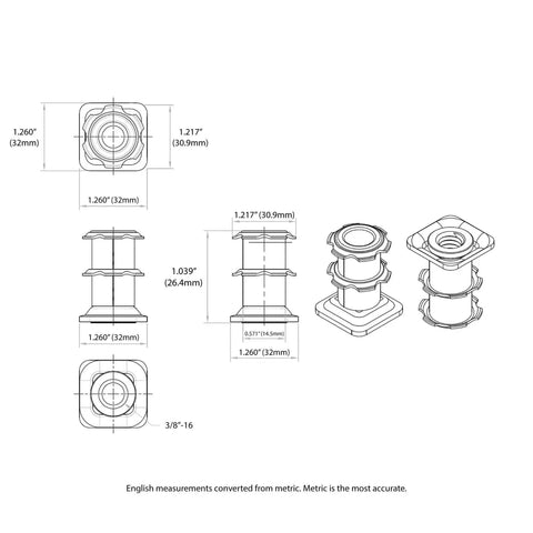 Technical drawing of Double Star Threaded Caster Insert In Heat Treated Steel For One And One Quarter Inch Square Tubing Fits Sixteen