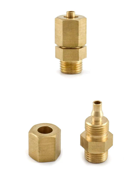 Brass fittings for air valve, showcasing different angles and connections, compatible with Beefy 12V Air Solenoid Valve for cars and trucks.