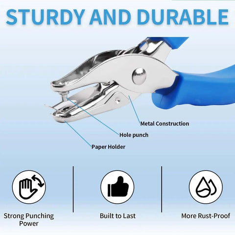 Close-up of Two Pack Hand Hole Punch Set With Soft Grip Handles For One Eighth Inch And One Quarter Inch Holes, Ideal For Crafts And Scrapbooks, Cards, Tags And Tickets, Six Sheet Capacity, Blue.