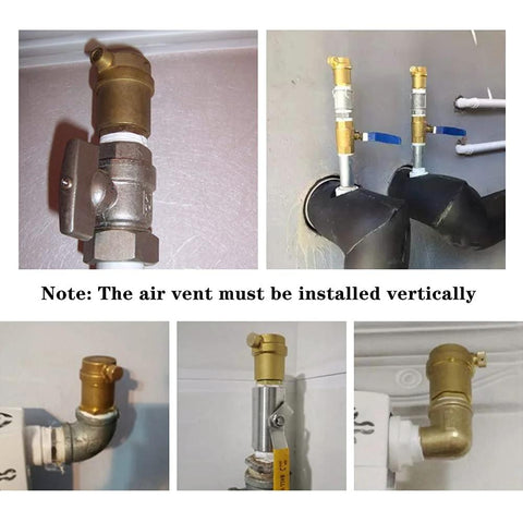 Joywayus brass automatic float valve kit; 1/2G air vent, 1/2NPT male adapter, brass fittings, six installation views