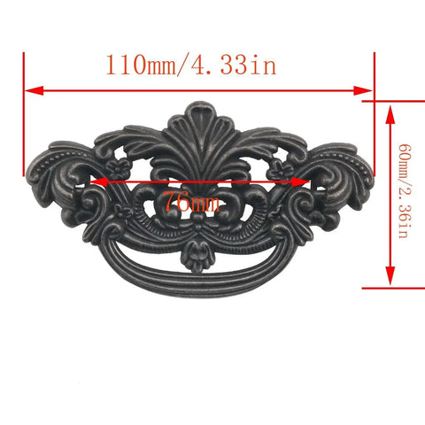 Skeletonized Bronze Cabinet Pulls Set Of 2 With Antique Dark Bronze Finish, 4.3 Inch Length, front view with measurements shown