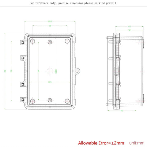 Technical drawing of IP67 Waterproof Junction Box With Hinged Black Cover ABS Project Box Electrical Enclosure dimensions