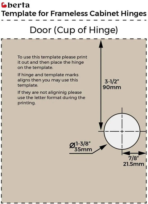 Template for Two Pack Frameless Cabinet Hinges With No Squeak Soft Close, 90 Degree Restricted Opening, Easy Install Hardware