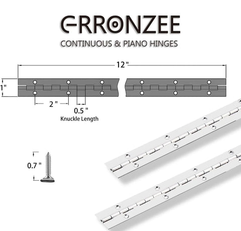 2 Pack 12 Inch Piano Hinge 1 Inch Wide Continuous Stainless Steel 304 Heavy Duty Hinge With 0.04 Inch Leaf Thickness 0.5 Inch Knuckle Length