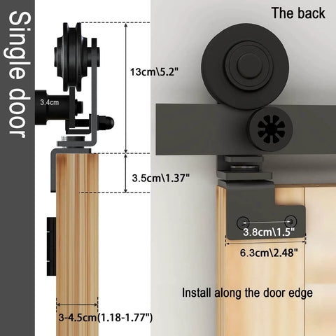 Close-up of Heavy Duty Bi Folding Sliding Barn Door Hardware Kit For Two Doors 3 Foot Track 36 Inch Frosted Black Carbon Steel.