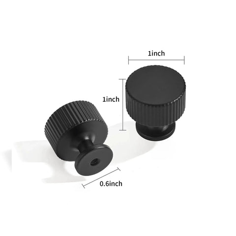 Matte Black Cabinet Knob Set Five Pack For Kitchen Drawers And Furniture Doors Corrosion Resistant Zinc Coated Hardware shown with measurements