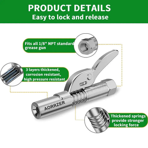 Versatile Grease Gun Needle Tip And Coupler Set For Deep Lubrication And Narrow Access, Includes Zerk Fittings, One Eighth Inch NPT Threads