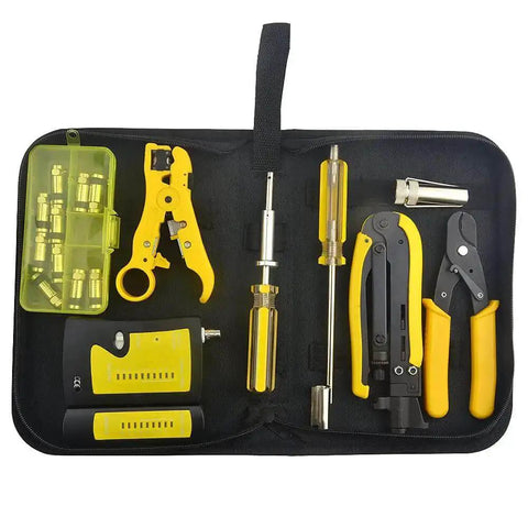Multifunction Coax Cable Crimping Tool Kit With Stripper And Tester For RG6 RG59 RG11 Coax Cables displayed in a carrying case