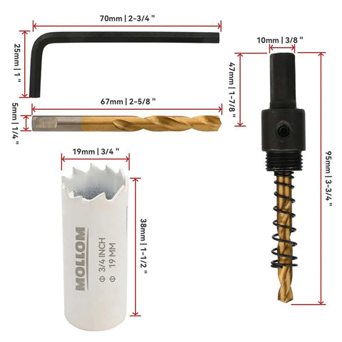 Heavy Duty Bi Metal Hole Saw Set 19mm And Three Quarter Inch HSS M42 With Eight Percent Cobalt Arbor And Two Pilot Drill Bits