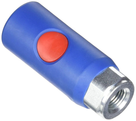 Prevost PRVURC061201 coupler, blue plastic body with red push button, 1/4 in Truflate style safety, metal threaded end