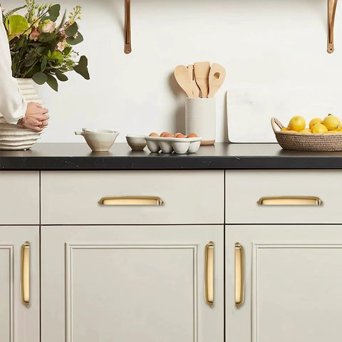 Champagne Bronze Cup Pulls 3 Inch Center To Center 10 Pack Zinc Alloy Cabinet And Drawer Handles in kitchen setting