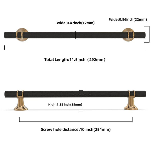 Diagram of Six Pack 10 Inch Cabinet Pulls Knurled Matte Black And Champagne Bronze Aluminum And Zinc Alloy with dimensions