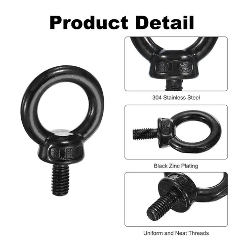 Heavy Duty Lifting Eyebolt Set M6 x 12mm 304 Stainless Steel Shoulder Ring Eyebolt for Lifting and Secure Hanging in Machinery Black Finish 4 Pack Durable Industrial Grade Hardware product detail with stainless steel material, black zinc plating, and uniform threads close-up image.