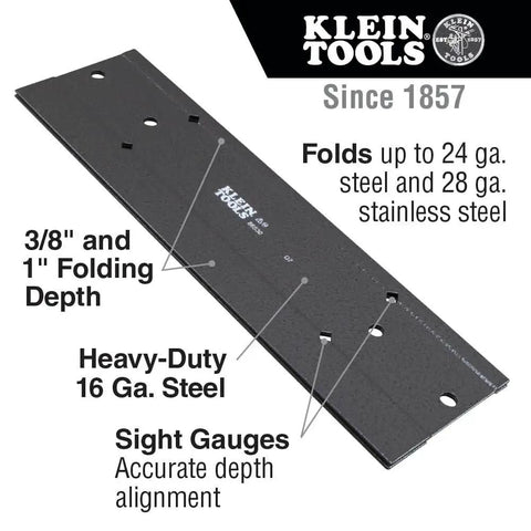 HVAC Duct Bending Folding Tool With Dual Depths Three Eighths Inch And One Inch Folds Up To Twenty Four Gauge Steel And Twenty Eight Gauge Stainless With Sight Gauges For Precise Depth In A Rugged Sixteen Gauge Steel Frame Klein Tools
