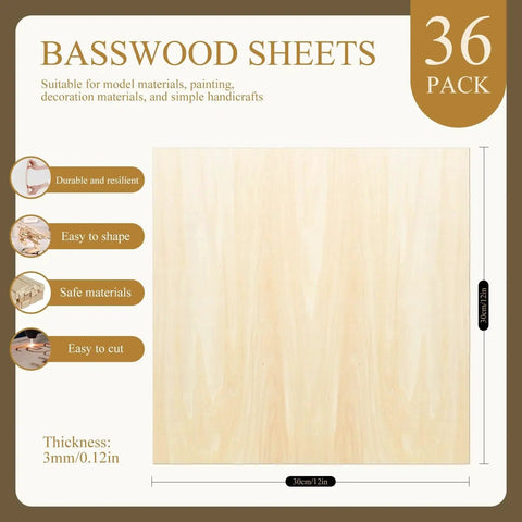 36 Pack Basswood Sheets 12x12x1/8 Inch 3mm for DIY Ornaments and Model Making, shown with product features and dimensions.