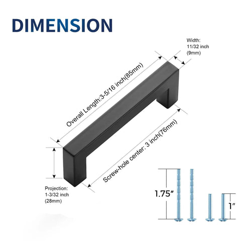 Dimensions for 10 Pack Solid 5 Inch Square Matte Black Kitchen Cabinet Handles For Cabinets And Drawers with installation screws shown