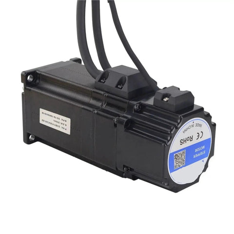 Side view of NEMA23 closed-loop servo motor with encoder and brake; black unit with two cables.