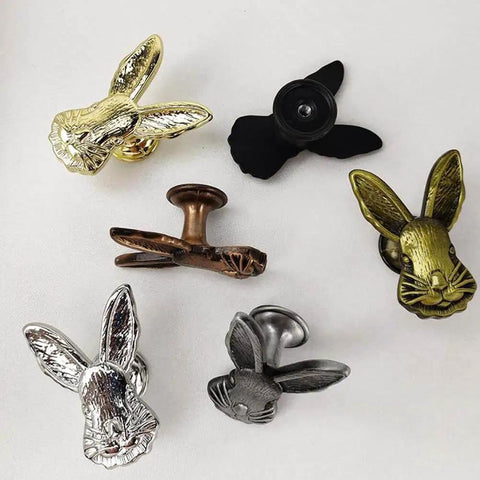 Cute 4 Pack Rabbit Drawer Knobs with 3D Bunny Head Design showing various finishes and styles