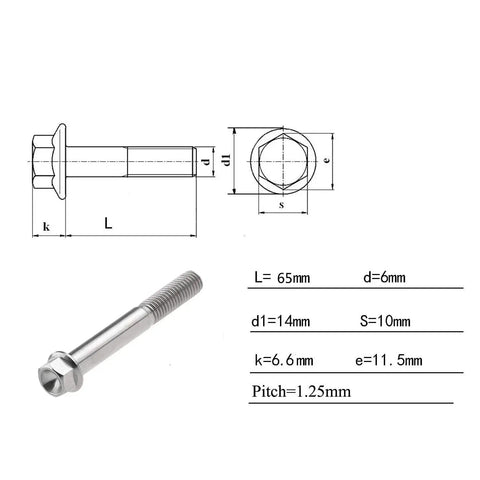 Diagram and Titanium Grade 5 M8 Hex Flange Bolt with 14mm Flange Head, 65mm Length, 1.25mm Pitch, CNC Machined.