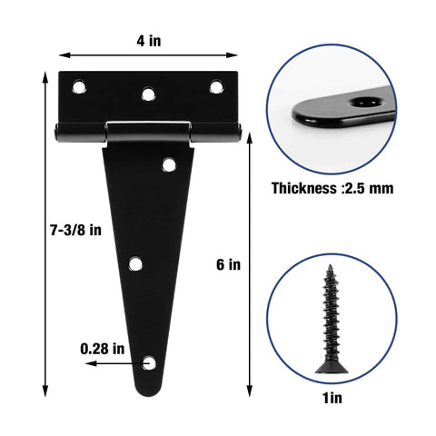 Six Inch T Strap Shed Door Hinges Heavy Duty 2 Pack With 270 Degree Rotation measurements and components shown