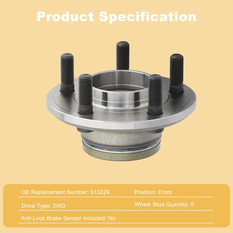 Front Wheel Hub Bearing Assembly Pair For 2005 2014 Chrysler 300, 2006 2014 Charger, 2005 2008 Magnum, 2008 2014 Challenger 2WD Direct Replacement Built To OEM Standards For Reliable Performance, shown with five wheel studs and specifications