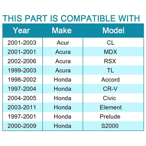 Compatibility chart for Beefed-Up Front Wheel Bearing 510050-A, listing make and model for Acura CL MDX RSX TL, Honda Accord CR-V Civic Element Prelude S2000.