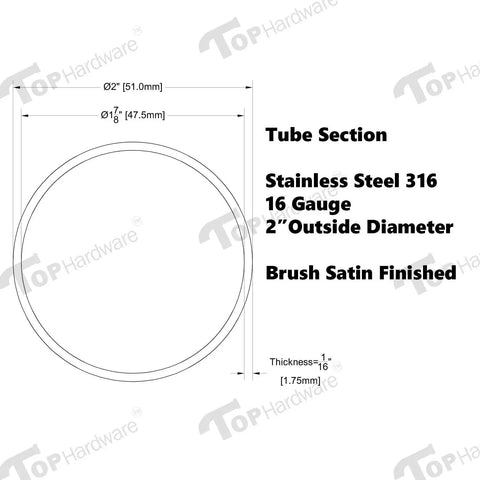 Diagram of 316 Grade Stainless Steel Tube 2 Inch Outer Diameter, 60 Inch Length, 16 Gauge, showing dimensions and brush satin finish.