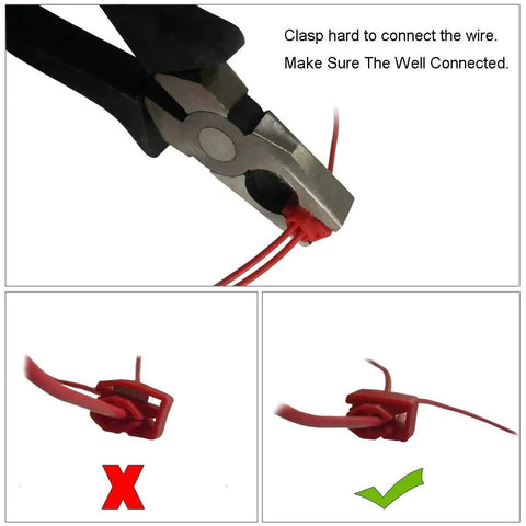 iBrightstar 50W 6ohm load resistor - close-up of crimping tool securing red wire terminal; incorrect vs correct wiring