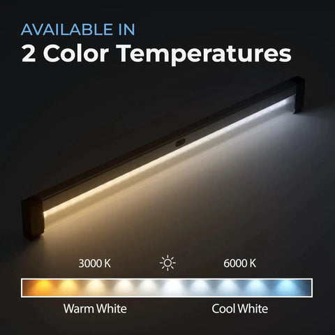 Wave Activated Under Cabinet LED Lighting Kit 20 Inch Dimmable, Touchless Dimming, Black Under Counter Lights showing warm and cool white light