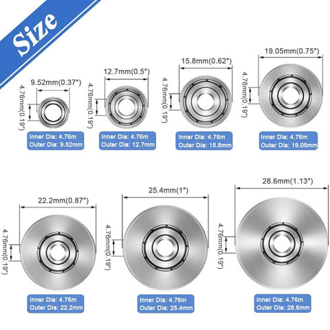 Wolfride Rabbet router bit bearings set by Amazon; eight replacement bearings, inner 3/16in, outer 3/8in to 1-1/8in