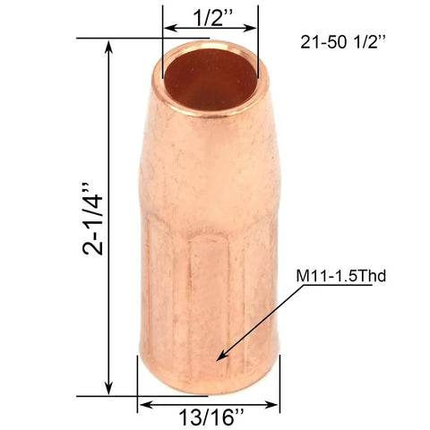 Close-up of copper gas nozzle 21-50 from 0.035 Inch MIG Welding Gun Accessory Kit With 20 Contact Tips 11-35, 2 Gas Nozzles 21-50, And 2 Gas Diffusers 35-50 For Common MIG Weld Guns Replacement Tips Nozzles Diffusers