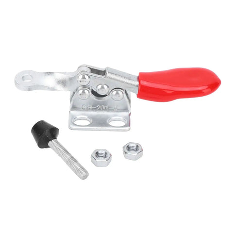 Built Tough 4 Piece Heavy Duty Toggle Clamps Set With Quick Release Vertical Fixture in galvanized iron, red handle visible.
