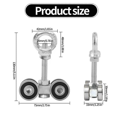 Four Wheel Trolley Assembly Rollers For One And Five Eighths Inch Wide Strut Channel, product size dimensions with components.