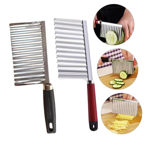 "2 Pack Wavy Potato Cutter Set Showeroro with Ergonomic Handles, stainless steel blade for crinkle cut fries and wave slices."