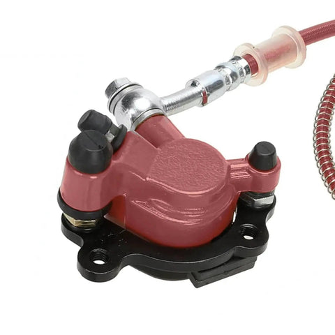 Red mini bike hydraulic disc brake caliper assembly with hose and mounting plate