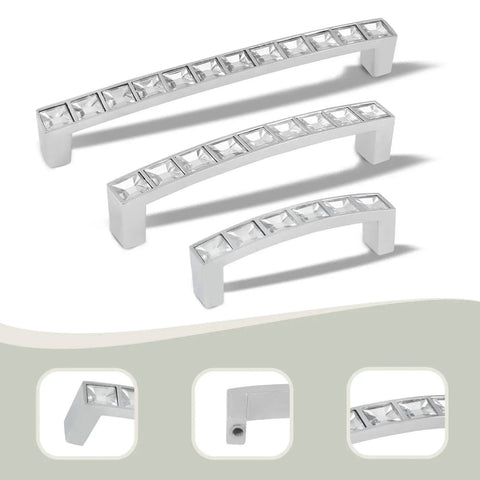 Crystal Drawer Pulls 10 Pack Modern Bridge Design Rhinestone Handles, silver finish, 96mm hole centers, zinc alloy, set of four.