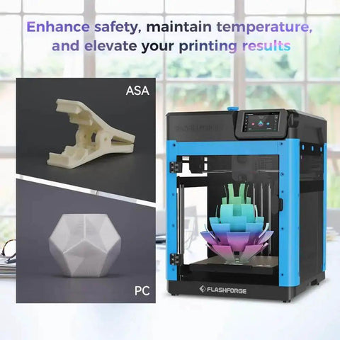 Adventurer 5M 3D Printer Enclosure Kit with flash blue panels, high temp ASA and PC filament samples, in modern room setup