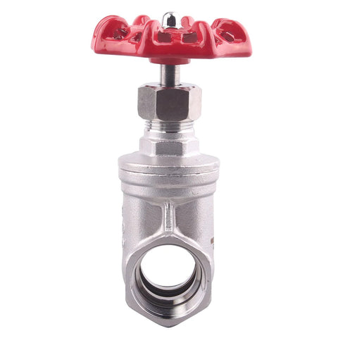 2-inch stainless steel gate valve with red wheel handle, female x female NPT threads (front view)