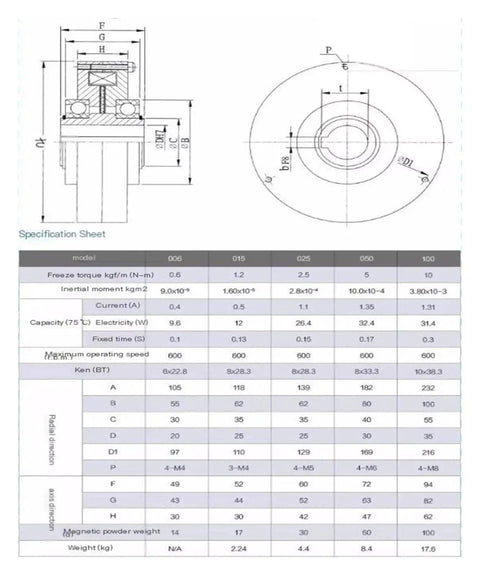 Magnetic powder brake tension control, ultra-thin cross-section with coil and mounting bracket, DC24V.

Magnetic powder brake top view: circular face with bore and mounting pattern models 006–100.