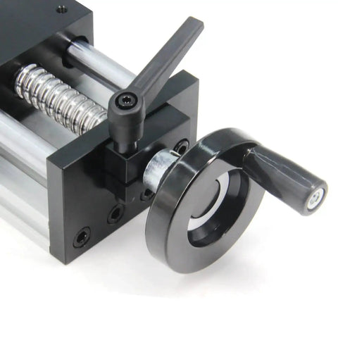 Close-up of 100mm Travel Length Double Optical Axis Guide Ballscrew SFU1605 With Hand Crank for DIY CNC Router X Y Z Actuator