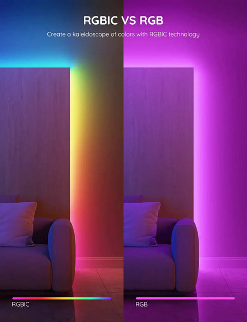 RGBIC LED Strip Lights With Bluetooth App Control For Bedroom Decor 16.4ft illuminating wall with color gradient versus RGB light.
