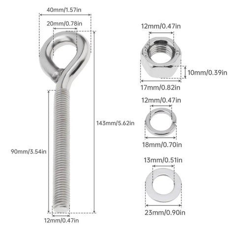 Two Pack M12 Eye Bolts With Nuts And Washers One Half Inch By Three Point Five Inch Long Shank Threaded Rod Round Hook