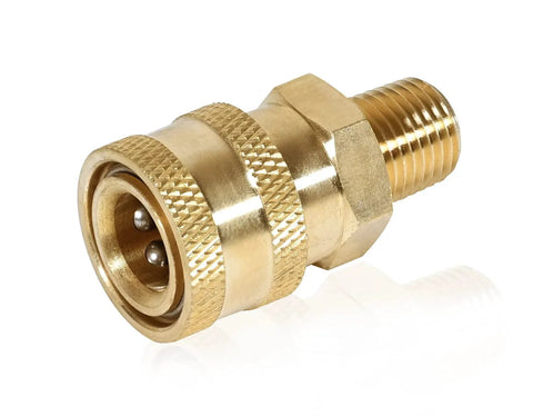 One Quarter Inch Quick Connect Pressure Washer Adapter Socket to Male MNPT One Piece Easy Hookup Brass Fittings Up To Five Thousand PSI