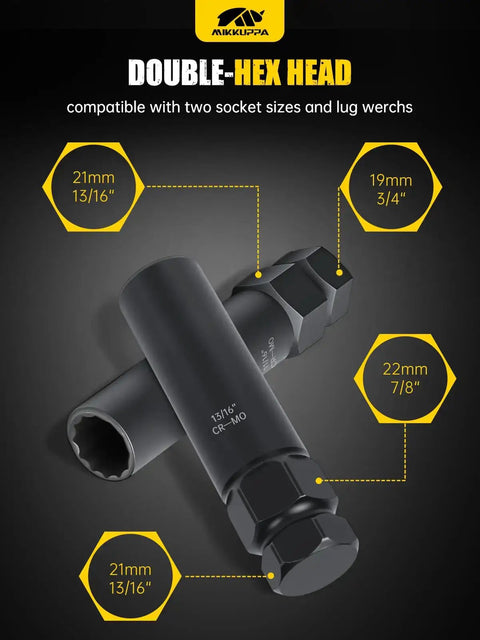 Double-hex head tools with dimensions, part of 8 Piece Pro Grade Spline Lug Nuts Socket Set With Locking Nut Removal Tool Kit